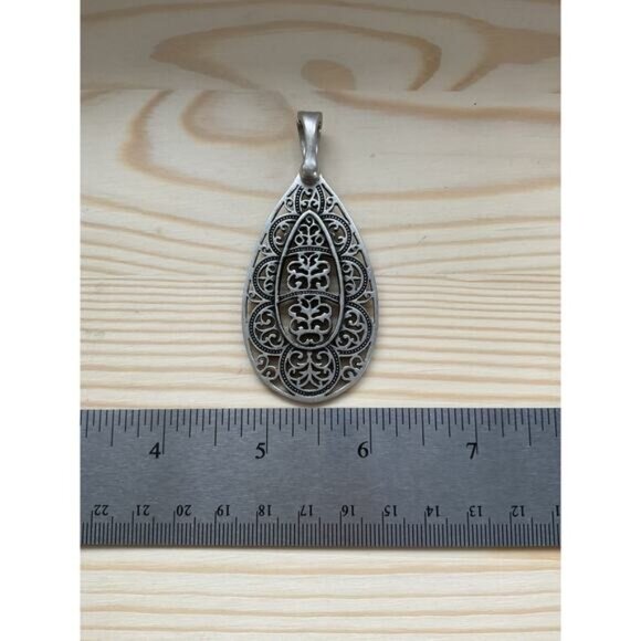 Antique-Style Silver Teardrop Pendant Open Intricate Filigree Design - Picture 3 of 5
